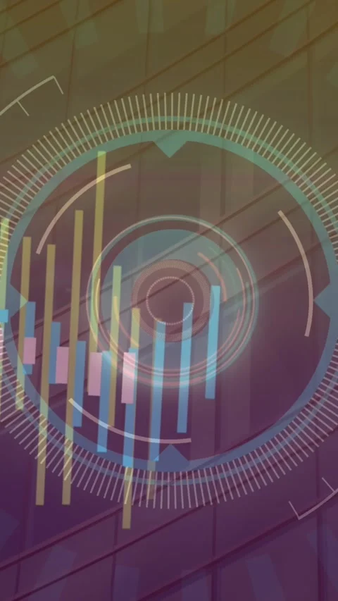 Animation of graphs and loading circles over low angle view of modern glass Stock Footage 344370174