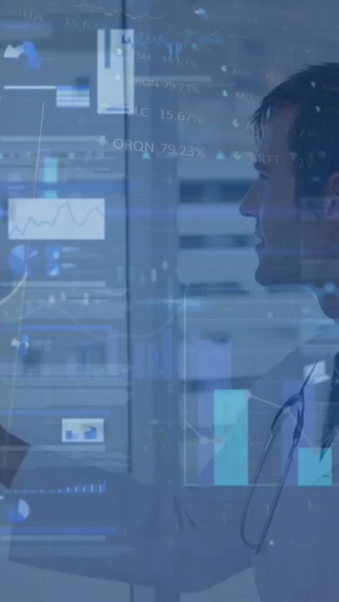 Animation of graphs and loading circles over caucasian doctor examining patients Stock Footage 344614375