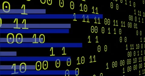 Animation of graphs and looping binary codes over black background Stock Footage 250382258