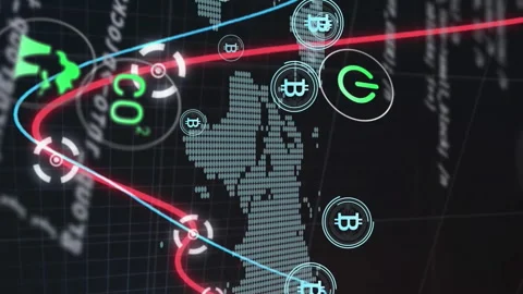 Animation of graphs and multiple icons over computer language over map against Stock Footage 313308645
