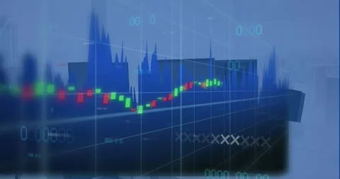 Animation of graphs and numbers moving over computer arranged on desk in office Stock Footage 326100362