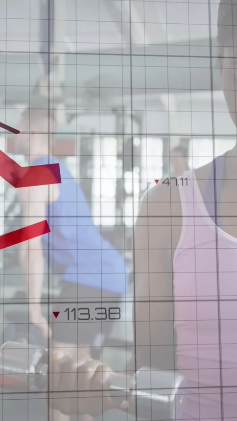 Animation of graphs and numbers over diverse man teaching dumbbells exercise to Stock Footage 321666695