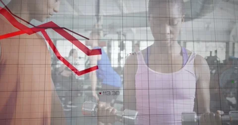 Animation of graphs and numbers over diverse man teaching dumbbells exercise to Stock Footage 327586994