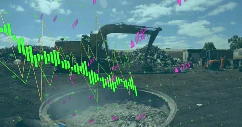 Animation of graphs and numbers over crane and forklift in dumping ground Stock Footage 327900688
