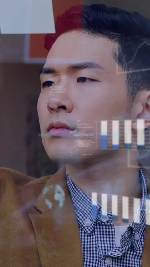 Animation of graphs and processing data over asian casual businessman Stock Footage 343868133