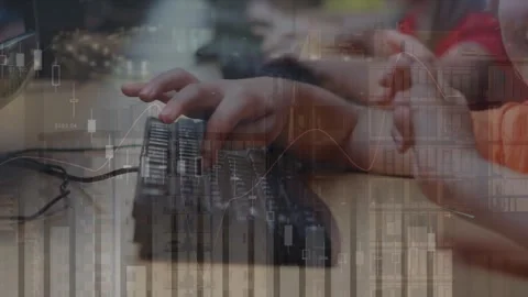 Animation of graphs and road traffic over caucasian boy using computer at school Stock Footage 329225323