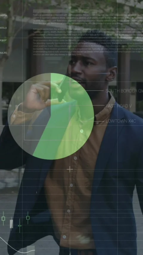 Animation of graphs and statistics over a man talking on smartphone Stock Footage 341917964