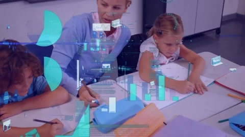 Animation of graphs and trading board over diverse teacher teaching students in Stock Footage 330413936