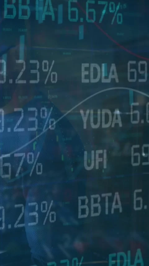 Animation of graphs and trading board over caucasian man standing and using Vídeos de archivo 344706373