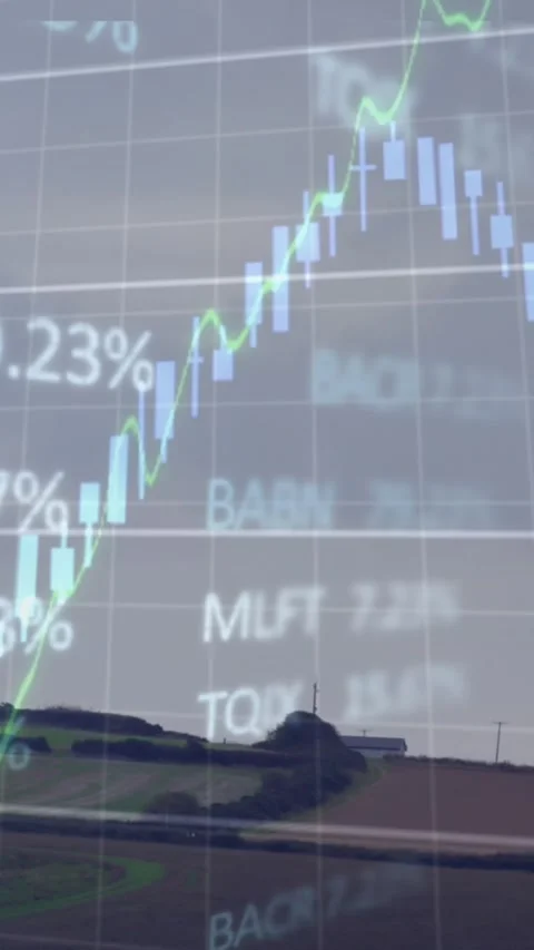 Animation of graphs and trading board over windmill spinning on land under sky Stock Footage 344766066
