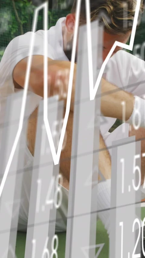 Animation of graphs and trading board over tired male caucasian player badminton Stock Footage 344766283