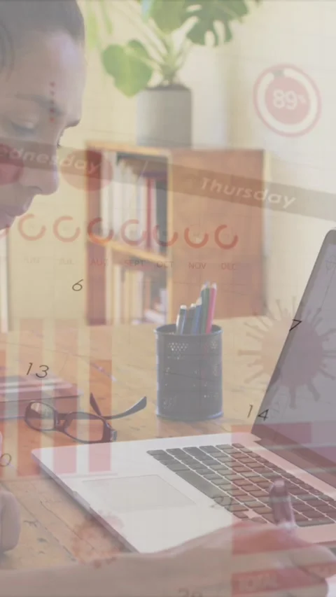 Animation of graphs and virus cells over woman using laptop with copy space Stock Footage 342009468