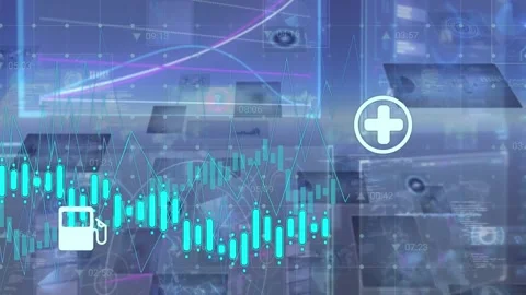Animation of graphs with application icons over programming language and map Stock Footage 330167491
