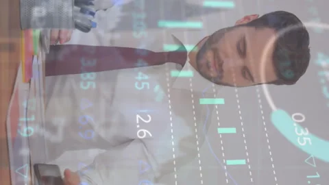Animation of graphs, bars, circles, caucasian businessman talking on cellphone Stock Footage 313411849