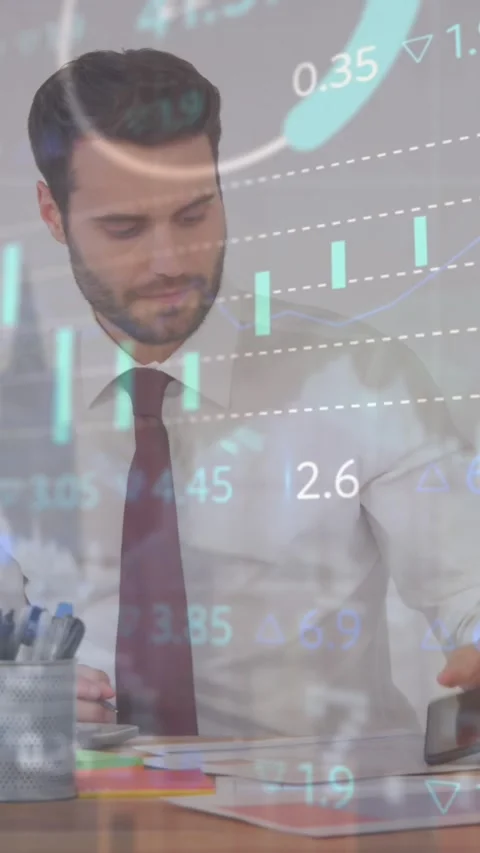 Animation of graphs, bars, circles, caucasian businessman talking on cellphone Stock Footage 321666892