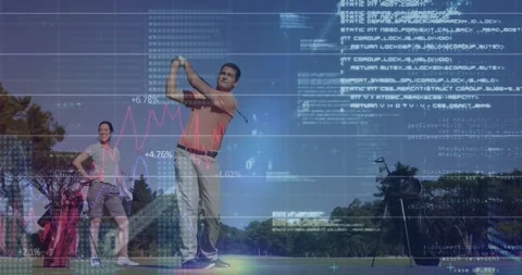 Animation of graphs, binary codes and computer language, caucasian player Stock Footage 244795946