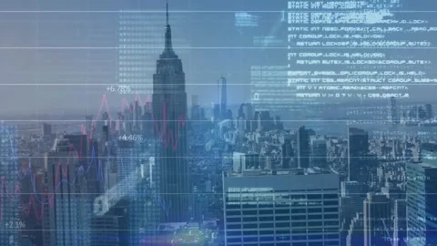 Animation of graphs, binary codes and computer language over aerial view of 動画素材 247261385