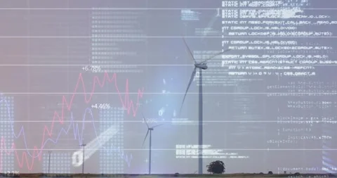 Animation of graphs, binary codes and computer language over windmills against 動画素材 247262910