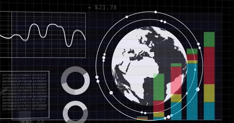 Animation of graphs, binary codes and globe in circles over black background Stock Footage 250382241