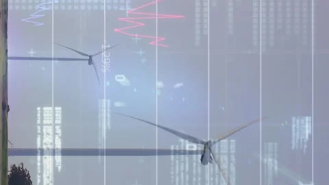 Animation of graphs, binary codes and computer language over windmills against Stock Footage 312442566