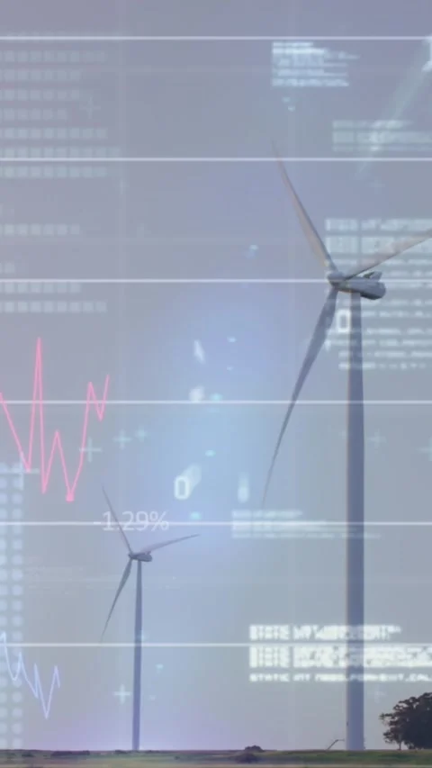 Animation of graphs, binary codes and computer language over windmills against Stock Footage 321039388