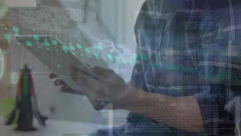 Animation of graphs, binary codes, computer language, midsection of caucasian Stock Footage 222211050