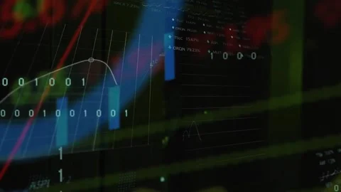 Animation of graphs, binary codes, computer language, trading boards over server Stock Footage 244795876