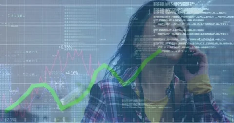 Animation of graphs, binary codes, computer language, asian woman walking and Stock Footage 248206963