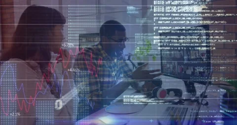 Animation of graphs, binary codes, computer language, diverse coworkers Stock Footage 248281480