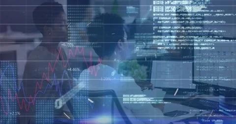 Animation of graphs, binary codes, computer language, diverse female coworkers Stock Footage 248503930