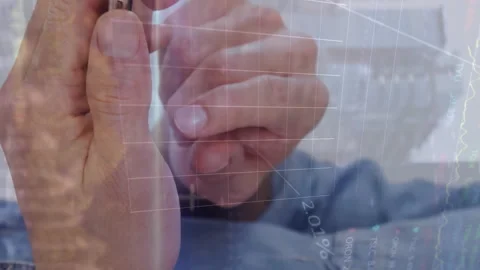 Animation graphs, binary codes, computer language, city, midsection of caucasian Stock Footage 314143926