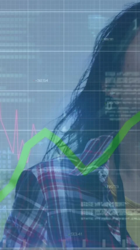 Animation of graphs, binary codes, computer language, asian woman walking and Stock Footage 320983125