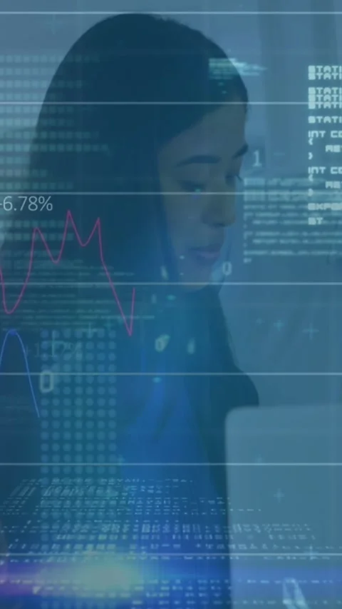Animation of graphs, binary codes, computer language over diverse coworkers Stock Footage 321666811