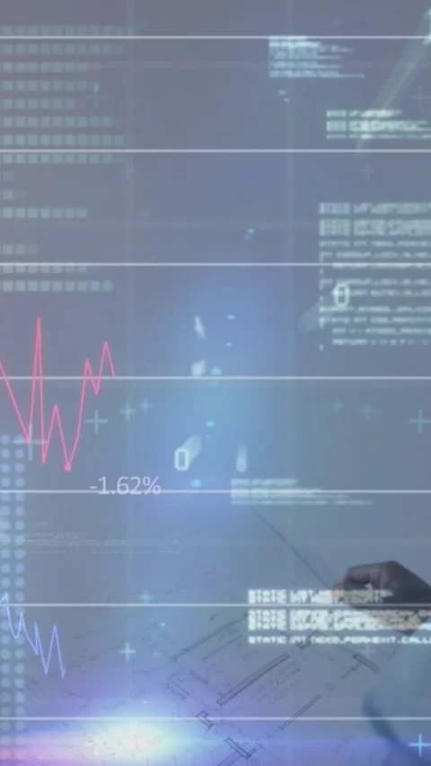 Animation of graphs, binary codes, computer language over diverse coworkers Stock Footage 321924021