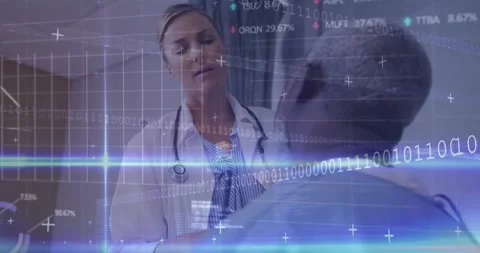Animation of graphs, binary codes, computer language, diverse female doctor Stock Footage 328411177