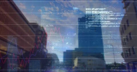 Animation of graphs, binary codes, computer language, low angle view of Stock Footage 330115744