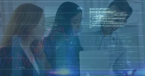 Animation of graphs, binary codes, computer language over diverse coworkers Stock Footage 330175202