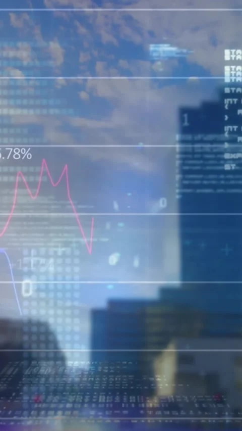 Animation of graphs, binary codes, computer language, low angle view of 스톡 동영상 343867657
