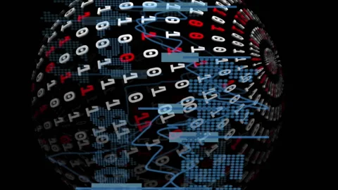 Animation of graphs, binary codes forming globe and changing numbers over black Stock Footage 314125034