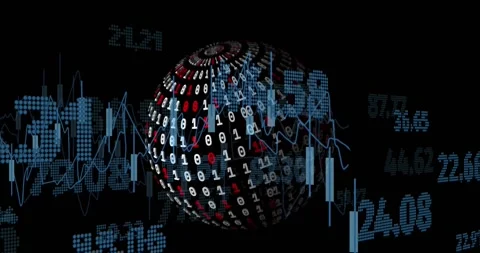 Animation of graphs, binary codes forming globe and changing numbers over black Stock Footage 328466707