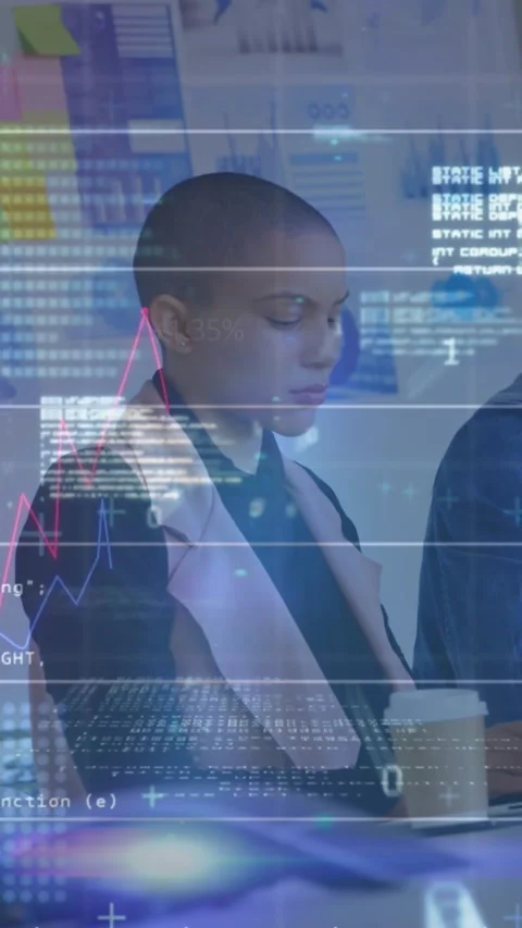 Animation of graphs, binary codes, lens flare, programming language, diverse Stock Footage 320183326