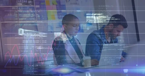 Animation of graphs, binary codes, lens flare, programming language, diverse Stock Footage 327961386