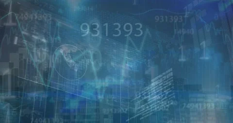 Animation of graphs, binary codes, numbers, globe and programming language over Stock Footage 221007928