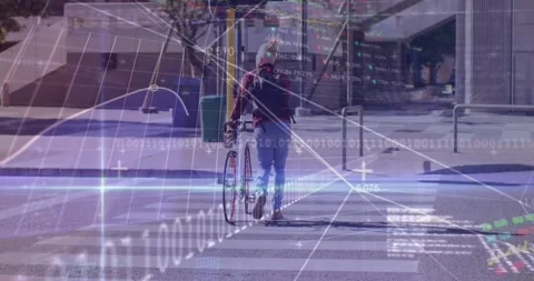 Animation of graphs, binary codes, trading board, african american man crossing Stock Footage 253429925