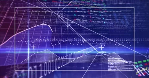 Animation graphs, binary codes, trading boards, computer language over connected Stock Footage 326304791