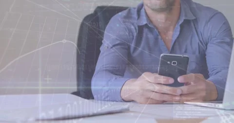 Animation of graphs, binary codes, trading board over caucasian businessman Stock Footage 327900834