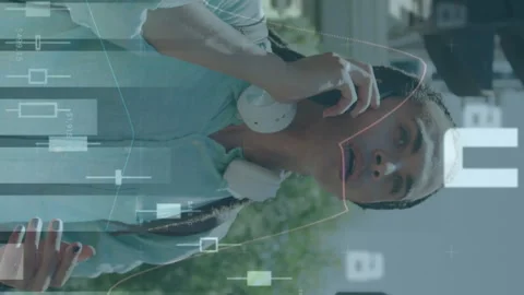 Animation of graphs , changing number, man calling on cellphone and raising hand Stock Footage 312366243