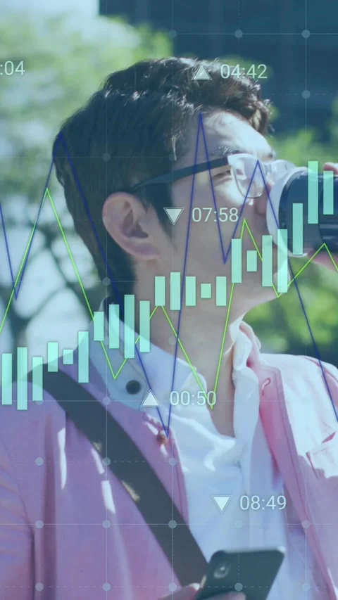 Animation of graphs, changing numbers, asian man walking and drinking coffee Stock Footage 341976801