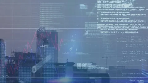 Animation of graphs with changing numbers, binary codes, computer language over Stock Footage 248970772