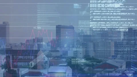 Animation of graphs with changing numbers, binary codes, computer language over Video stock 248970815